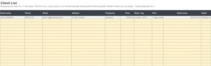 The Client List tab holding contact, access notes, frequency and price