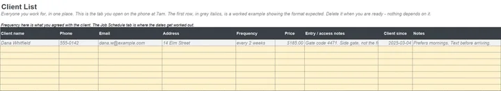 The Client List tab with contact, address, access notes, frequency and price