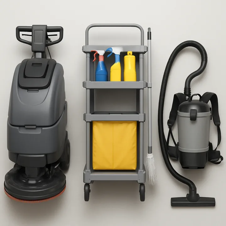 A layout diagram of the equipment a commercial cleaning crew carries