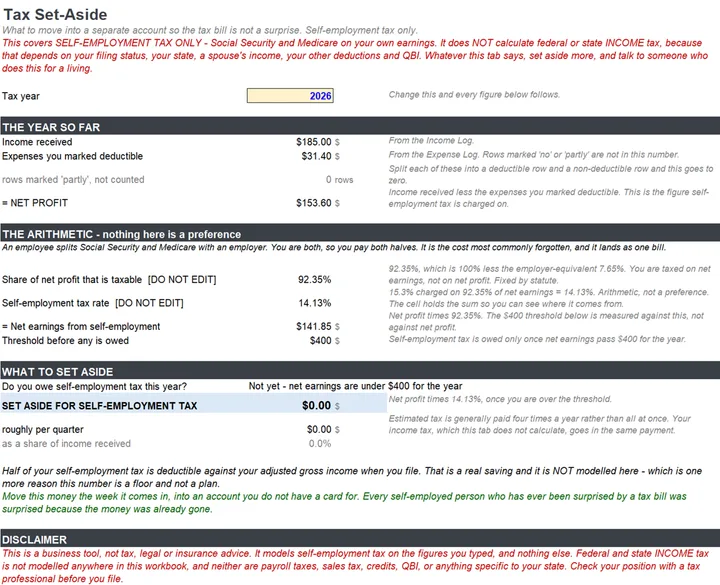 The Tax Set-Aside tab calculating what to hold back for tax