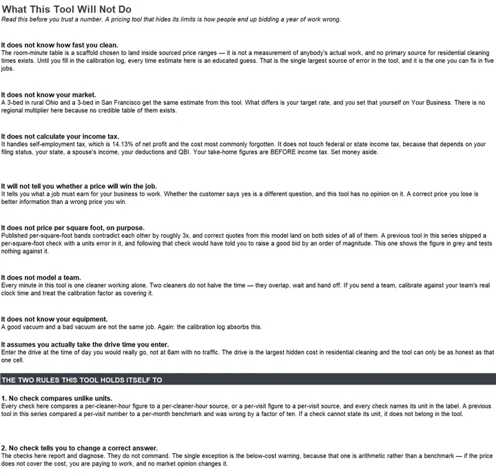 The What This Tool Will Not Do tab, listing the tool's own limits in full